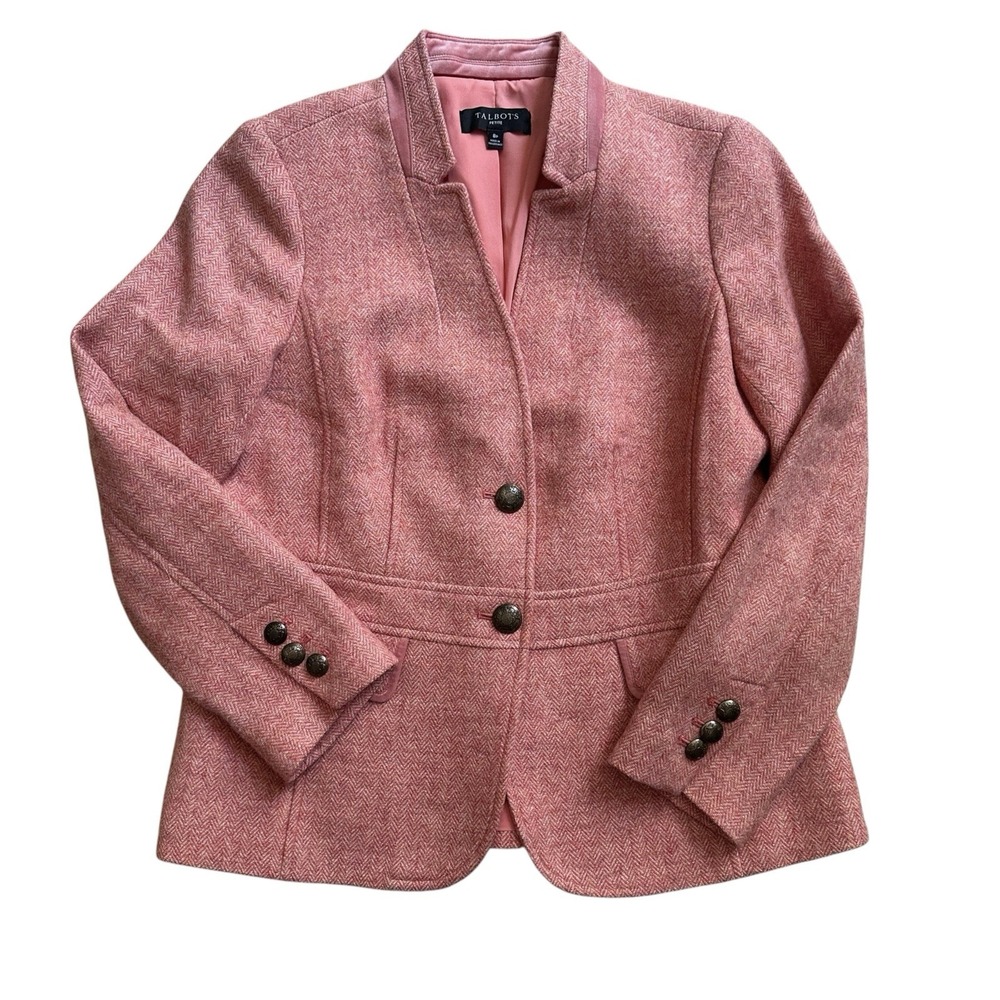 Talbots Herringbone Jacket Blazer Women's 8 Petite Wool Blend Lined Coral Orange